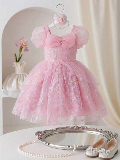 Glamorique Kids Girls Sleeveless Embroidered Mesh Princess Dress, Pink Cute Puffy Skirt, Suitable For Flower Girl, Birthday Party, Wedding, Holiday, Photoshoot, All Seasons
