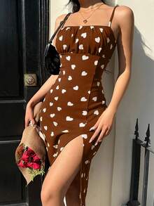 SHEIN EZwear 情人节爱心印花吊带开衩连衣裙 - 咖啡 - 查看 4