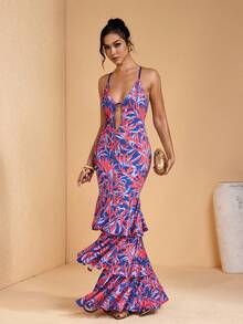 JIAN LASALA All-Over Tropical Print Spaghetti Strap Tie Back Deep V Sleeveless Layered Ruffle Maxi Dress - Multicolor - View 6