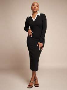 Vixey Two Tone Pointed Collar Jersey Midi Dress - Black - View 2