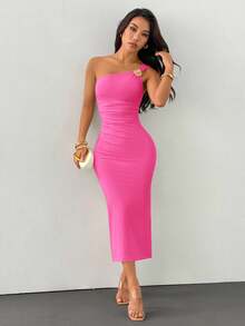 SHEIN PETITE Rose Red Brooch Decor Asymmetric Neck Ruched Fishtail Skirt - Hot Pink - View 5