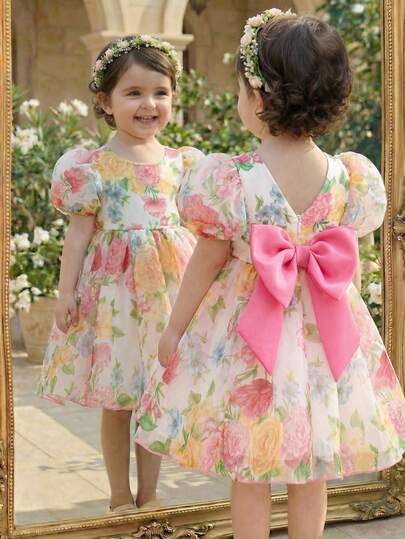 SHEIN 2026 New Girls Printed Dress, Fashionable High-End Elegant Petal Sleeve Princess Dress