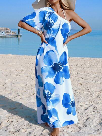 Swim Vcay Summer Vacation Sexy Floral Asymmetric Neck Loose Maxi Dress For Women