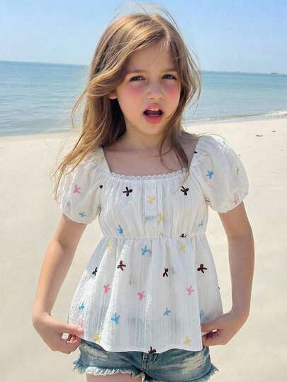 Sparklyn 1 Piece, Girl's Vintage Sweet-Style Top: Pearl Trim + White Polka Dots, Puff Short-Sleeve Square-Neck Gathered Waist Top, Thin Non-Fluffy, Gentle Loose Blouse, For Dates/Daily Outings, Spring & Summer 1 Piece, Girl's Vintage Sweet-Style Top: Pearl Trim + White Polka Dots