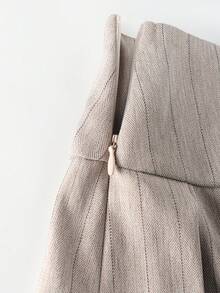 Franclia 女士夏季高腰百褶迷你裙，松紧腰带设计，条纹梭织面料，百搭款式，休闲时尚，适合日常穿着 - 卡其色 - 查看 5