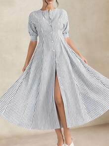 Briarwyn 女士优雅单排扣条纹连衣裙，女士夏季连衣裙，夏季服装，夏季度假服装，女士春季服装，女士度假服装，女士海滩度假服装，外出服装，优雅女士礼服，度假连衣裙，沙滩连衣裙，奢华优雅连衣裙 - 黑與白 - 查看 8