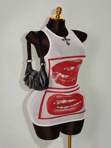 Amplova Plus Size Women's Sleeveless Bodycon Mini Dress With Face & Lip Print, Sheer - Red - View 5