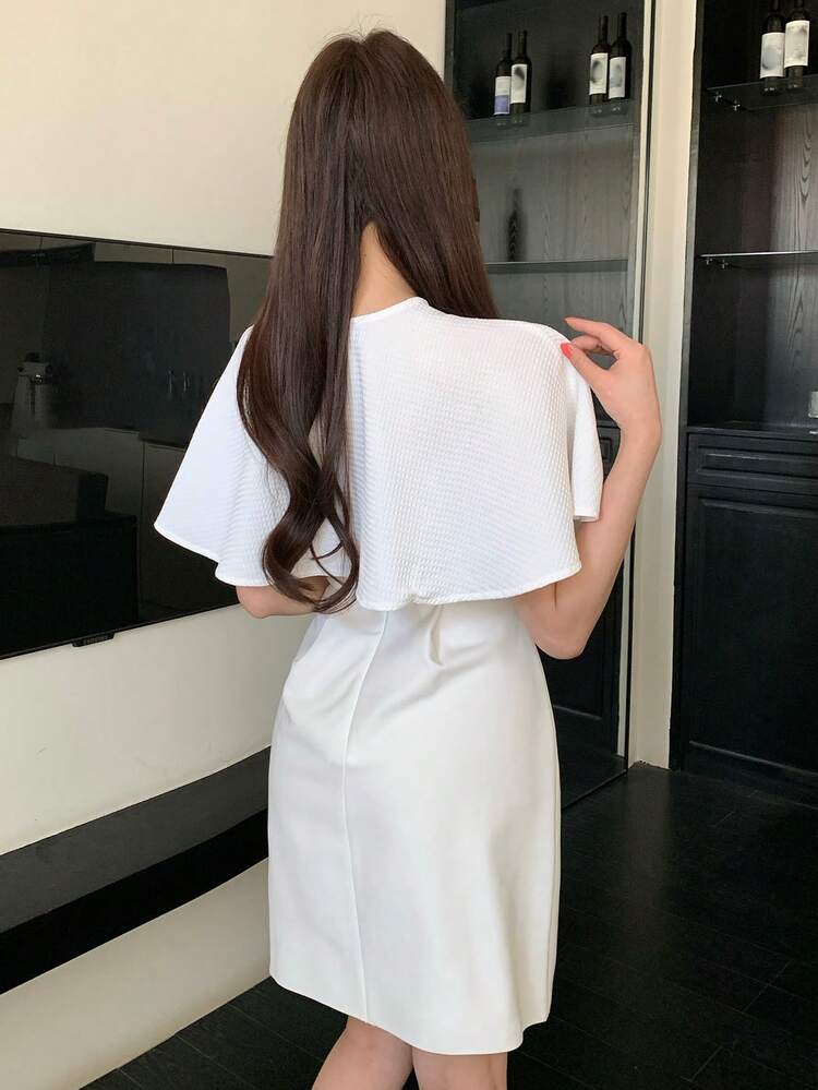 DAZY Spring & Summer Textured Plaid White Cropped Top, Fashion Pearl Embellished Shrug, Elegant For Valentine's Day, Wedding, Party, Formal Occasion, Commute - White - View 4