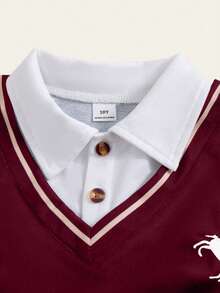 Casuvi Kids 2pcs/Set Older Boys' Navy Polo Collar 2 In 1 Embroidered Striped Preppy Style Top And Khaki Straight Leg Pants Set, Suitable For Daily, Retro Campus, Sports Streetwear, Back To School Outfit, Spring & Autumn Boys Casual Sets Boys Brown 2 Piece Set Casual Two Piece Set - Burgundy - View 3
