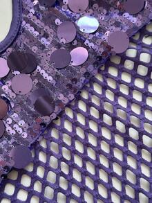 Maweii 加大码女士紫色纯色亮片网纱流苏吊带系带性感休闲夏季吊带衫 - 紫色 - 查看 7