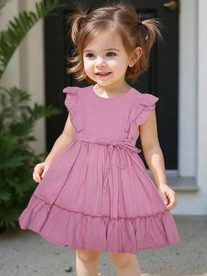 Vestido para niñas con mangas con volantes y falda escalonada, bonito vestido informal hasta la rodilla para niñas.