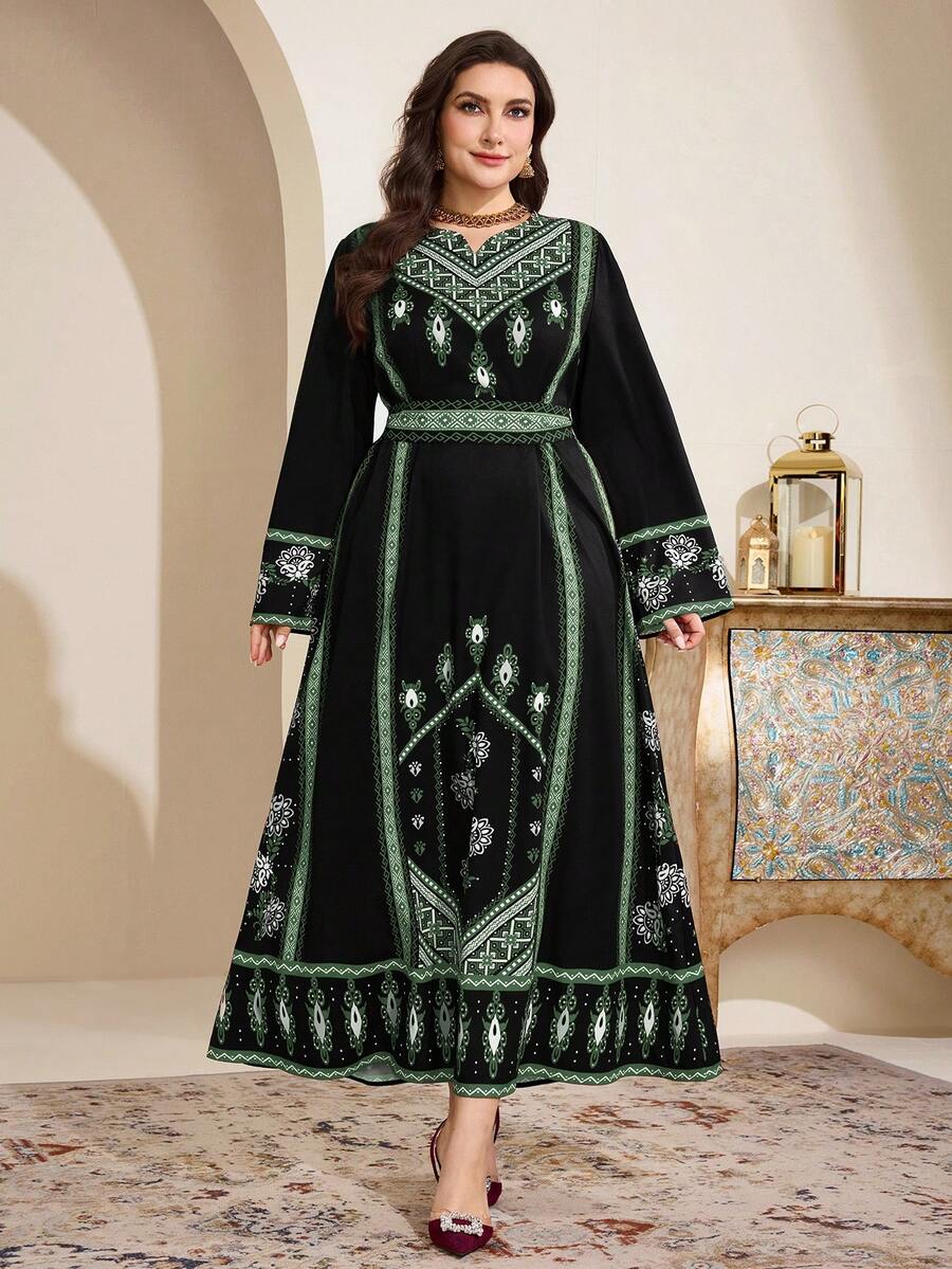 Al Najma Plus Size Women's Geometric Print Casual Dress, Suitable For Party, Daily Wear, And Outings - Dark Green - View 1