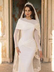 Aureia Elegant, Minimalist, Charming, White Knit, Mesh, Pearl, Large Bow Embellishment, Round Neck, Faux Two-Piece, Mermaid Skirt With Train. Suitable For Weddings, Bridal Gowns, Heavily Embellished Wedding Dresses. - White - View 3