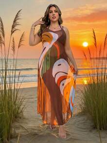 Swim Lushoire Đầm hai dây xuyên thấu gợi cảm dành cho nữ cỡ lớn, thích hợp cho kỳ nghỉ biển, với họa tiết lá cọ trừu tượng nhiệt đới. - màu nâu - Xem 7