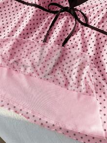 Comfortcana Áo hai dây cỡ lớn chấm bi phối màu tương phản, thắt nơ phía trước, kiểu dáng giản dị, dễ thương, thích hợp cho mùa xuân/hè. - Hồng - Xem 10