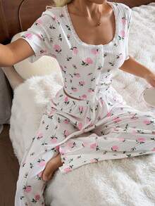 SHEIN Floral Print Contrast Lace Slim Fit Romantic Women Pajama Set - Multicolor - View 1