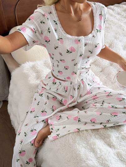 SHEIN Floral Print Contrast Lace Slim Fit Romantic Women Pajama Set