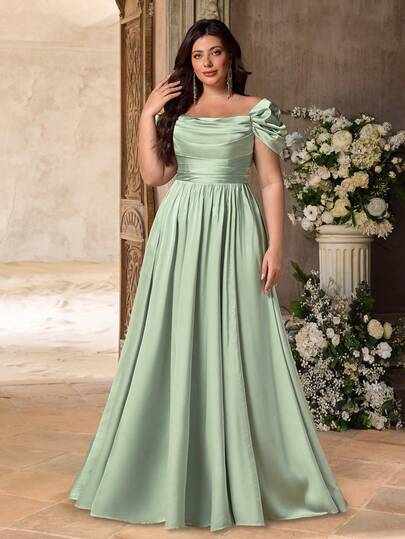 Aureia Plus Size Elegant Minimalist Green Cold-Shoulder Ruched Waist Luxurious Satin Fitted Maxi Dress, Suitable For Weddings, Parties, Formal Events, Bridesmaid