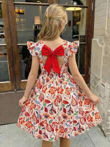 Vestido de verano vintage con estampado floral, manga corta, volantes y lazo en la espalda para niña preadolescente - Multicolor - Ver 2