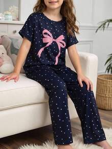 Genkimix Kids 女童时尚可爱波点蝴蝶结印花短袖上衣和宽松裤子两件套休闲舒适睡衣套装 - 黑色 - 查看 3