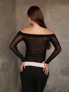 Duda Rubert Women's Fitted Off-Shoulder Solid Color Sexy Sheer Mesh Patchwork Ruched Bodysuit - Black - View 2
