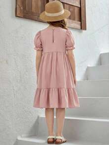 SHEIN Young Girl Woven Solid Color Round Neck Puff Sleeve Casual Dress Dusty Rose Dress Kids Kids Paris Dress Girls Puffy Sleeve Dress Girls Spring Autumn French Style Dress Mauve Dress For Kids Tea Party Dress Lilas Dress For Girls Girls Puff Sleeve Dress - Beige - View 2
