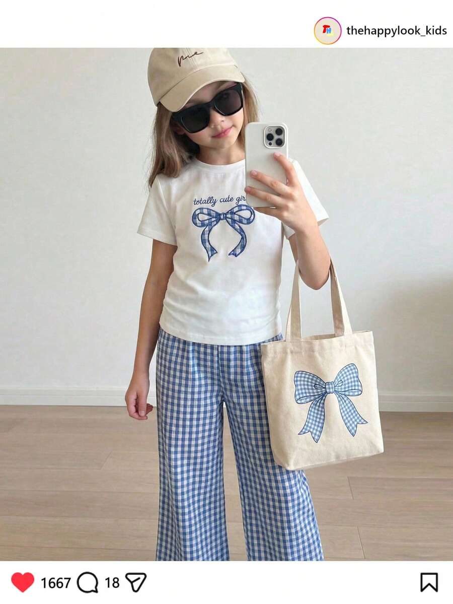 THE HAPPY LOOK Conjunto de 2 piezas de top de manga corta de cuello redondo suave de punto con lazo y pantalones a cuadros para niña joven - Multicolor - Ver 1