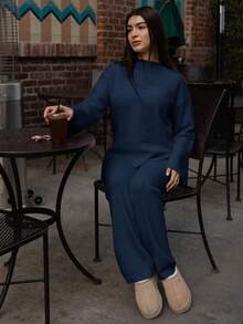 Andrea Bello 2 件套女式纯色立领长袖套头衫和裤子休闲毛衣套装 - 藏蓝色 - 查看 4
