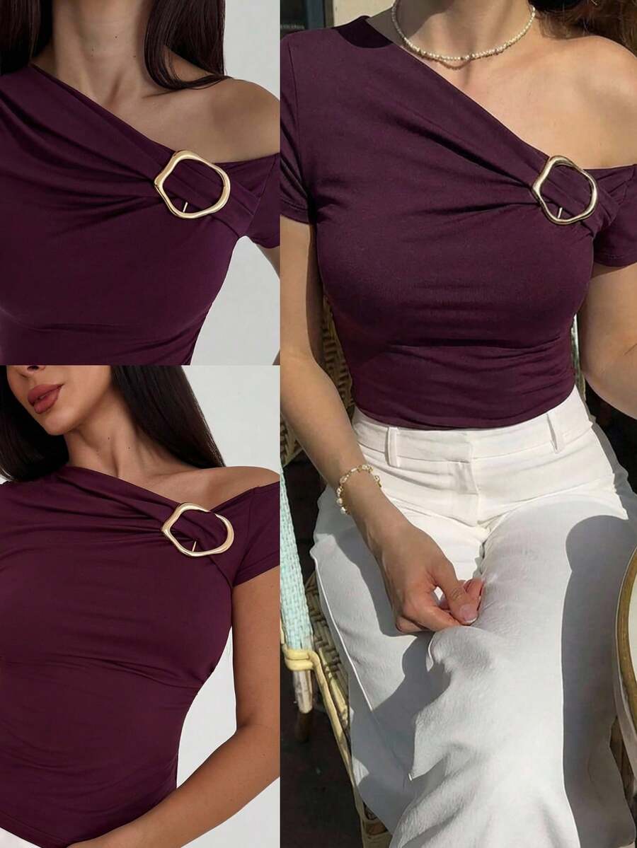 Aloruh Women's Metallic Decor Slim Fit Asymmetrical Shoulder T-Shirt, Spring/Summer One Shoulder Top Solid Color Tops Buckle Top Dark Purple Top