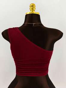 Amplova Top décontracté polyvalent et sexy avec ourlet drapé asymétrique de couleur unie pour grandes tailles - Rouge foncé - Voir 2