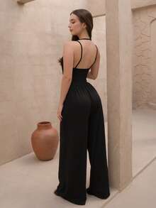 Duda Rubert 女士休闲百褶宽松直筒连体裤，可调节肩带，春夏 - 黑色 - 查看 2