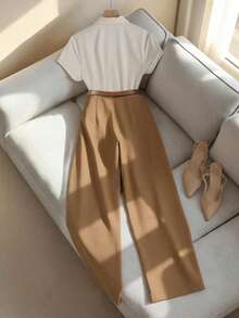 GlowEve 2pcs Women Summer Short Sleeve Shirt And Long Pants Set - Khaki - View 2