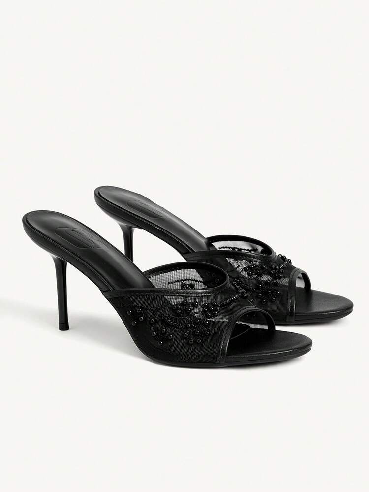 CUCCOO CHICEST Women Shoes Summer New Embroidery Beaded Round Toe Thin Heel High Heel Elegant Fashion Mesh Women's High Heel Sandals Dew Heel Slippers Elegant Fashion Wedding Valentine's Day Tea Elegant Wear Wedding Shoes Summer Shoes Bride Shoes