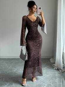 Selianne 女式豹纹修身长袖开衩连衣裙 - 棕色 - 查看 5