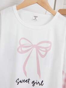 少女蝴蝶结印花短袖上衣和格子裤睡衣套装 - 粉色 - 查看 4