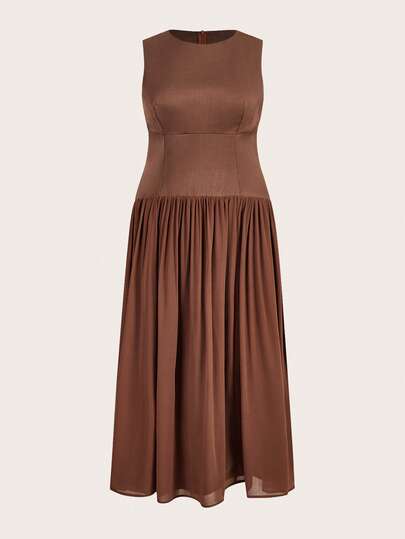 Aveloria Modichic فستان كاجوال أنيق بتصميم تقسيم الذيل وأكمام بلا أكمام من قماش شيفون أخضر زيتوني فضفاض للنساء البدينات