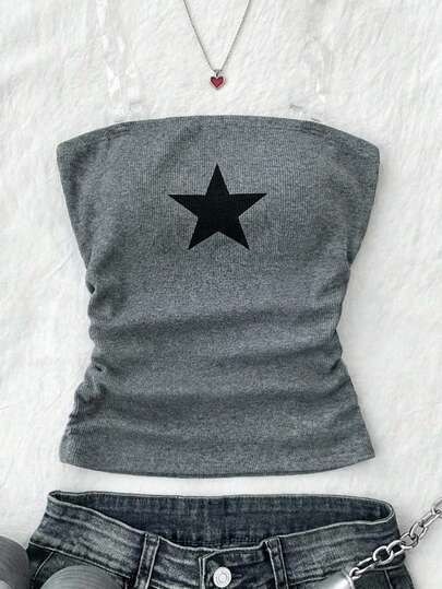SHEIN Crop top de punto acanalado gris oscuro con estampado de estrella y cintura fruncida para adolescentes