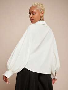 Vixey Pointed Collar Drop Shoulder Balloon Sleeve Button Up Shirt - White - View 4