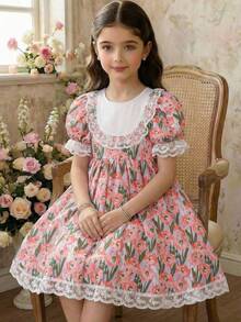 SHEIN LMoss Kids 小女孩碎花彼得潘领修身连衣裙假日装扮 - 粉色 - 查看 4