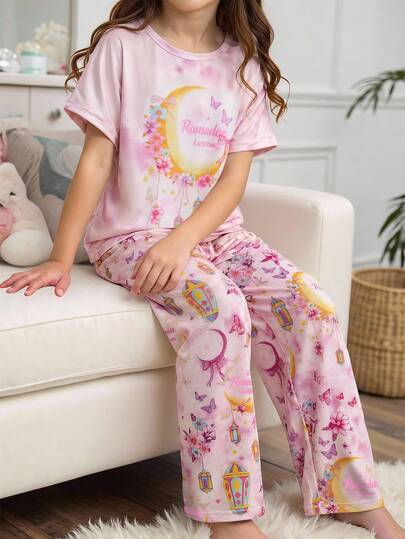 Genkimix Kids Girls Casual Comfortable Cute Moon & Flower Print Short Sleeve Top And Pants 2 Pieces Loungewear Set