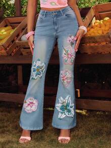 ROMWE Island Girl Tropical Beaded Embroidery Low Waist Skinny Flare Jeans - Light Wash - View 1