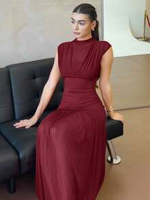 Andrea Bello Fashionable New Solid Red Mock Neck Sleeveless Sexy Hollow-Out Mesh Patchwork Pleated A-Line Dress, Suitable For Graduation Party, Holiday Events, Date - Burgundy - View 5