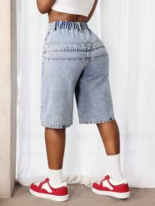 Slaydiva Quần short denim nữ dáng casual cạp cao, thêu chữ, đã qua xử lý giặt. - Rửa nhẹ - Xem 2