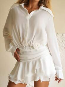 女士度假日常尖领雪纺荷叶边短款白色连衣裙 - 白色 - 查看 4