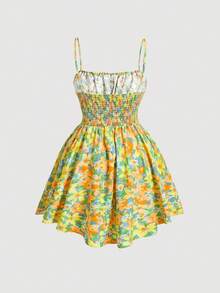 SHEIN MOD Plus Allover Floral Print Tie Front Cami Dress, Summer,Beach Dress Sundress,Holiday Outfits Boho,Corset Dress - Yellow - View 2