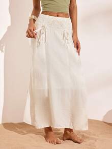 Nevyona Casual Minimalist Mid-Waist Lace Waistband Skirt For Women, Spring/Summer - White - View 2