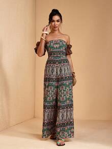 JIAN LASALA Bộ jumpsuit không dây vai, tay bồng, ống rộng, in họa tiết toàn thân, phong cách Bohemian, thường ngày, thích hợp cho du lịch hoặc nghỉ dưỡng. - Nhiều màu - Xem 6