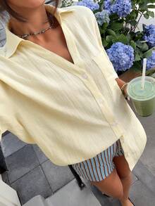 Muchica 奶油黄梭织女式休闲宽松短袖单排扣衬衫，沙滩、度假、春夏上衣 - 黃色 - 查看 6