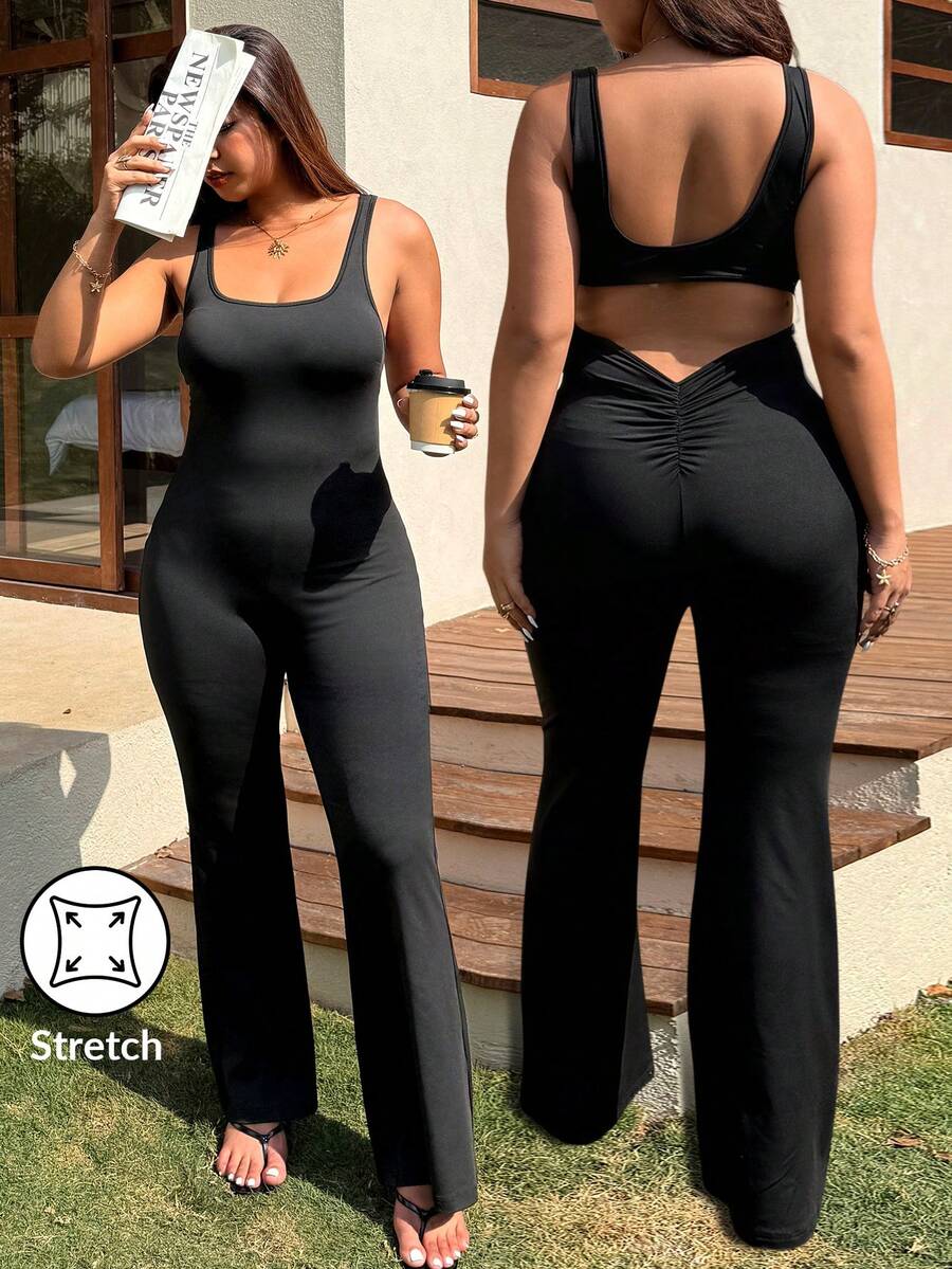 SHEIN EZwear Plus Size Solid Color Hollow Out Flared Casual Jumpsuit, Spring/Summer,High-Elasticity, Versatile, Slim-Fitting Jumpsuit Bodycon Jumpsuit - Black - View 1