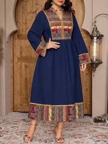 Al Najma Vestido de playa de talla grande con estampado de bloque de color y cintura ceñida, para vacaciones - Azul Marino - Ver 5